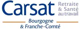 Ce logo représente la CARSAT Bourgogne & Franche-Comté. La marque "Carsat" est écrite en lettres majuscules de couleur bleue, surmontée des termes "Retraite & Santé au travail", qui soulignent les services offerts par l'organisme en termes de retraite et de prévention des risques professionnels.