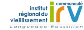 Le logo représente l'Institut Régional du Vieillissement de la communauté Languedoc-Roussillon. Il comprend deux parties distinctes : à gauche, le nom de l'institut en bleu et vert, avec le terme "vieillissement" en évidence pour refléter le focus de l'organisation. À droite, les lettres "IRV" forment un dessin coloré où le "R" se transforme en un chemin montant, symbolisant peut-être le parcours de la vie et le soutien à l'autonomie. 